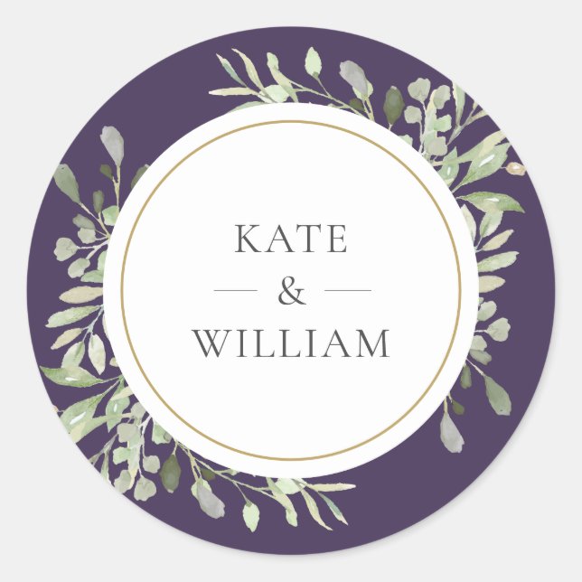 Elegant Purple Greenery Wedding Gold Favour Classic Round Sticker (Front)