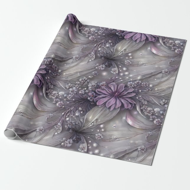 Elegant Purple & Grey Floral, Beads and Light Wrapping Paper (Unrolled)