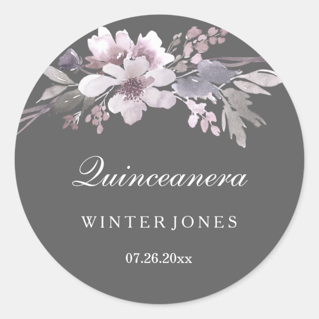 Elegant Purple Grey Floral Quinceanera Stickers (Front)
