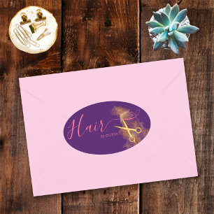 Elegant Purple Hairstylist Gold Scissor Hair Salon Oval Sticker