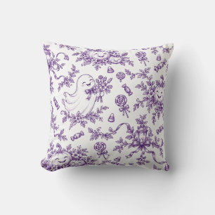 Elegant Purple Halloween Toile Pattern Cute Ghosts Throw Pillow