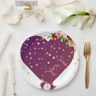 Elegant Purple Heart Wedding Paper Plate with Gold