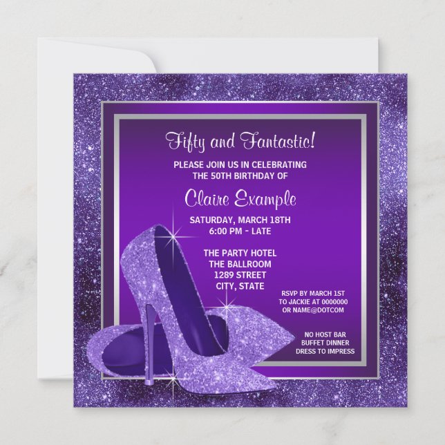 Elegant Purple High Heels Womans Birthday Party Invitation (Front)