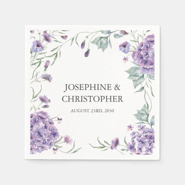 Elegant Purple Hydrangea Floral Wedding Napkin (Front)