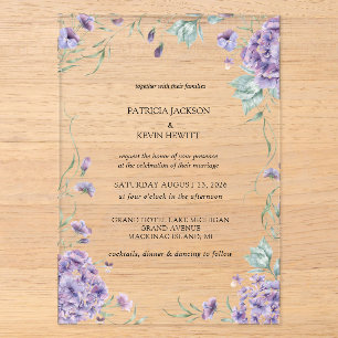 Elegant Purple Hydrangea Watercolor Floral Wedding Acrylic Invitations