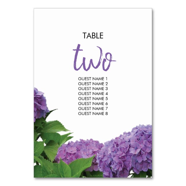 Elegant Purple Hydrangea Wedding Guest Names Table Number (Front)