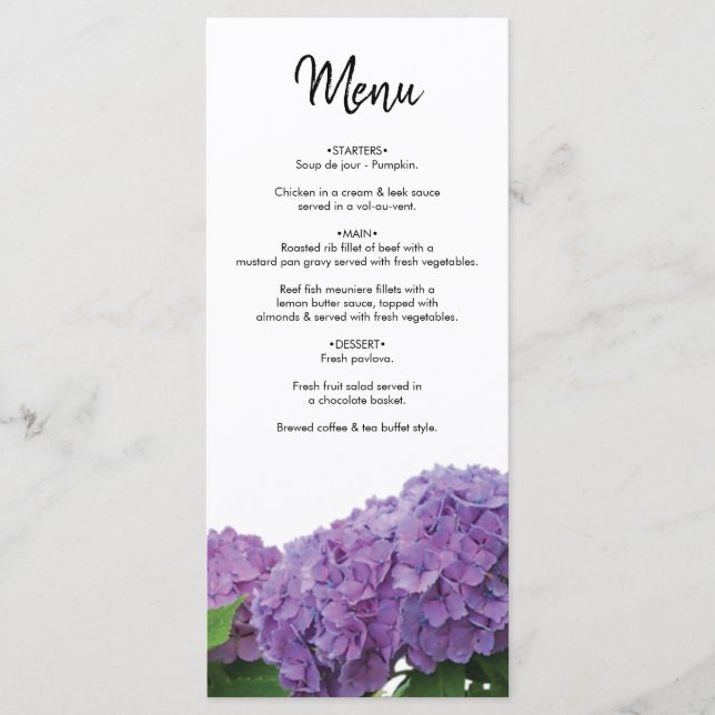 Elegant Purple Hydrangea Wedding  Menu (Front)