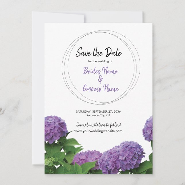 Elegant Purple Hydrangea Wedding Save The Date (Front)