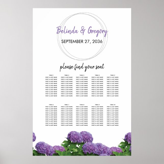Elegant Purple Hydrangea Wedding Seating Chart (Front)