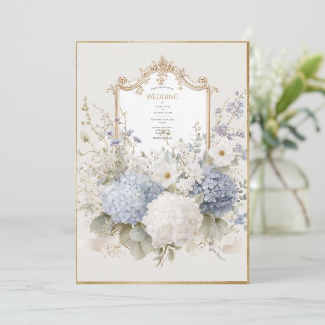 Elegant Purple Hydrangeas Vintage Wedding Invitation (Standing Front)