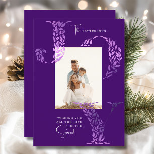 Elegant Purple Joy Floral Family Photo Christmas Holiday Card