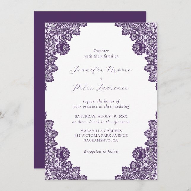 Elegant Purple Lace Wedding Invitation (Front/Back)