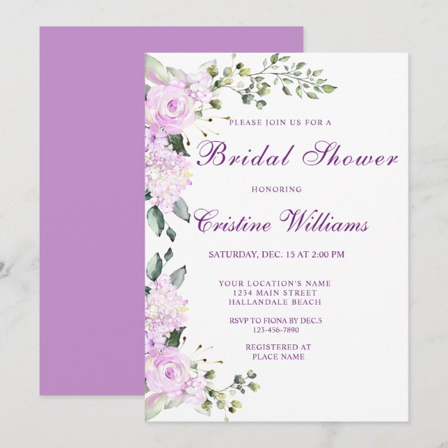 Elegant Purple Lavander Flowers Bridal Shower  Invitation (Front/Back)