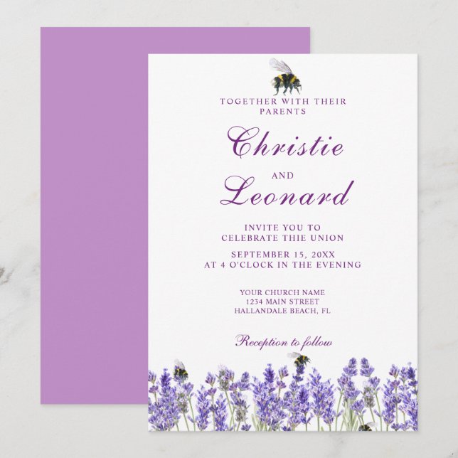 Elegant Purple Lavander Flowers Wedding Invitation (Front/Back)