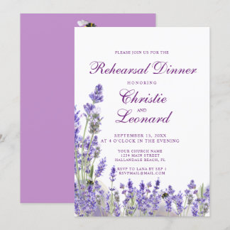 Elegant Purple Lavander Flowers Wedding Rehearsal Invitation