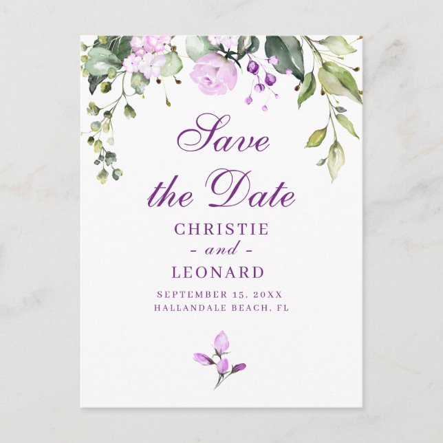 Elegant Purple Lavander Modern Save the Date Postcard (Front)