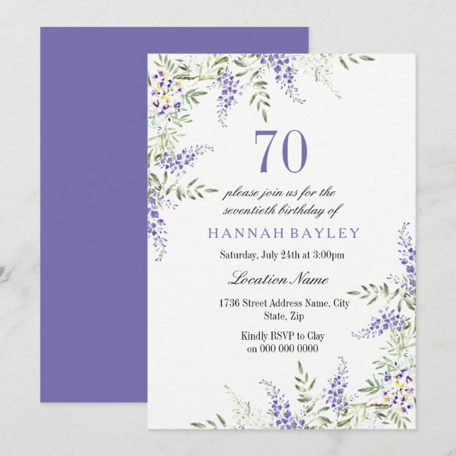 Elegant Purple Lavender 70th Birthday Invite (Front/Back)