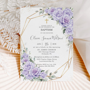 Elegant Purple Lavender Floral Baptism Christening Invitation