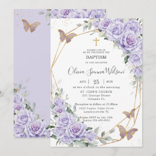 Elegant Purple Lavender Floral Baptism Christening Invitation