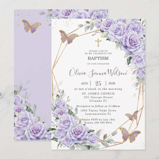 Elegant Purple Lavender Floral Baptism Christening Invitation (Front/Back)