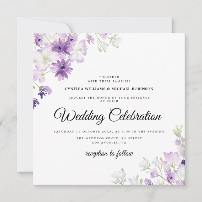 elegant purple lavender floral wedding invitation (Front)