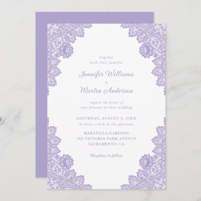 Elegant Purple Lavender Lace Wedding Invitation (Front/Back)