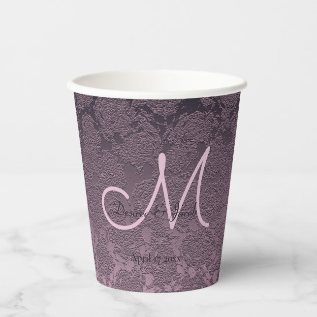 Elegant  Purple Lavender Mauve Wedding Monogram Paper Cups (Front)