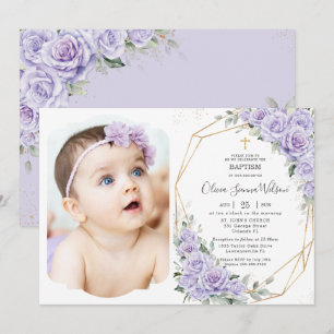 Elegant Purple Lavender Roses Floral Baptism Photo Invitation