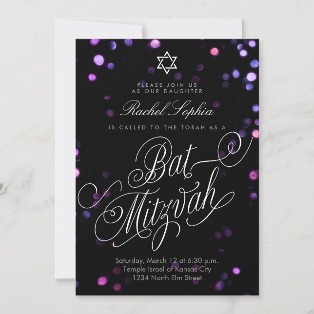 Elegant Purple Lights Bat Mizvah Invitations (Front)