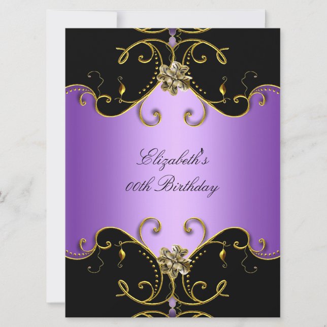 Elegant Purple Lilac Black Gold Floral Birthday Invitation (Front)