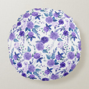 Elegant Purple Lilac Floral On White Round Pillow