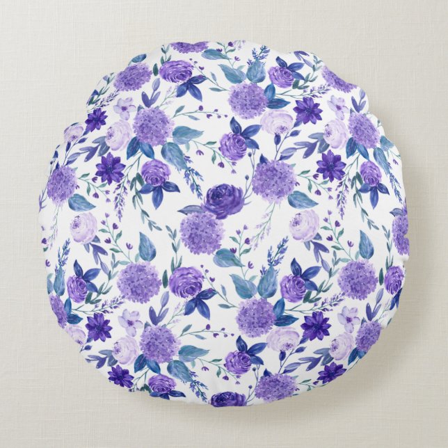 Elegant Purple Lilac Floral On White Round Pillow (Front)