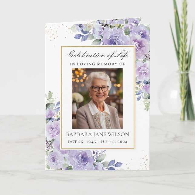 Elegant Purple Lilac Floral Photo Funeral Memorial Program (Front)