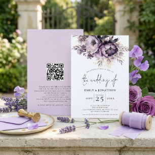 Elegant Purple Lilac Florals QR Code Wedding Invitation