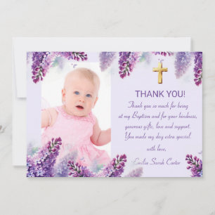 Elegant Purple Lilac Gold Cross Girl Baptism Thank You Card