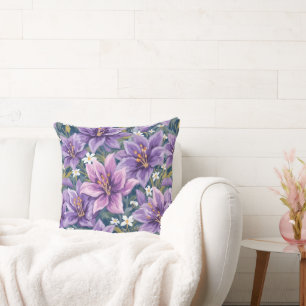 Elegant Purple Lily Floral Oil Painting Throw Pillow