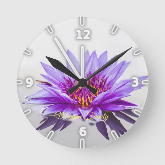 Elegant Purple Lotus Lake Personalized Round Clock (Front)
