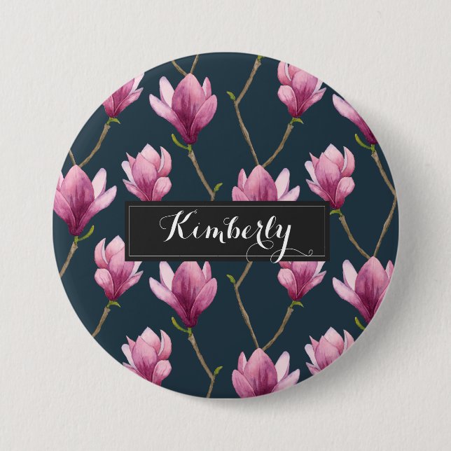 Elegant Purple Magnolia Pattern Custom 3 Inch Round Button (Front)