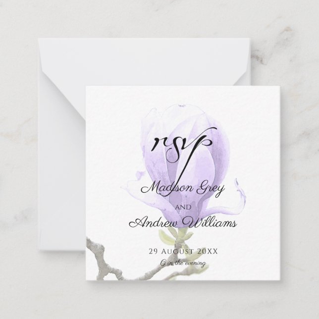 Elegant Purple Magnolia Wedding RSVP Card (Front)