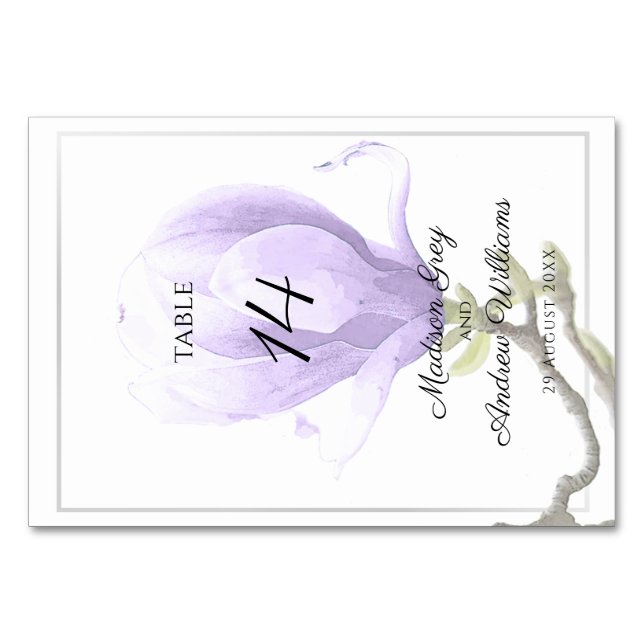 Elegant Purple Magnolia Wedding Table Number (Front)