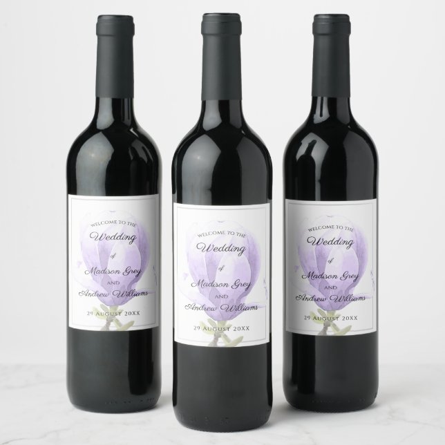 Elegant Purple Magnolia Wedding Wine Label (Bottles)