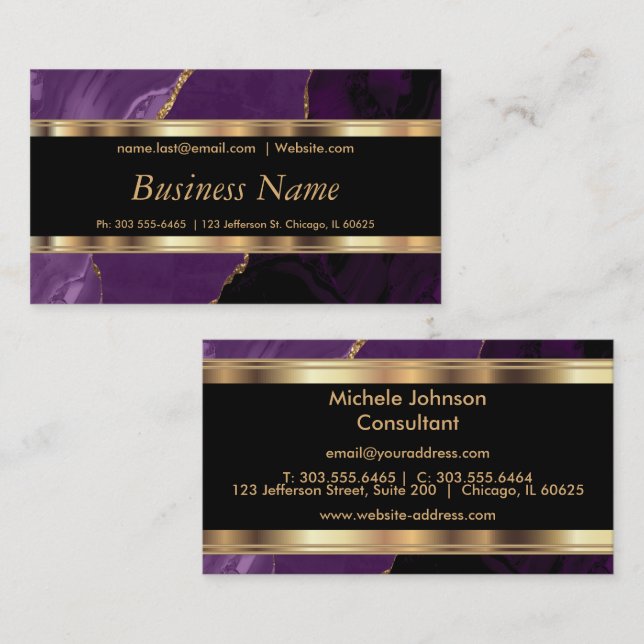 Elegant Purple Marble and Gold Business Card (Front/Back)