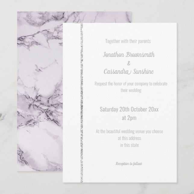 ELEGANT PURPLE MARBLE SILVER WEDDING INVITATION (Front/Back)