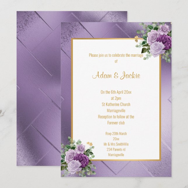 ELEGANT PURPLE METALLIC ROSE EUCALYPTUS WEDDING INVITATION (Front/Back)