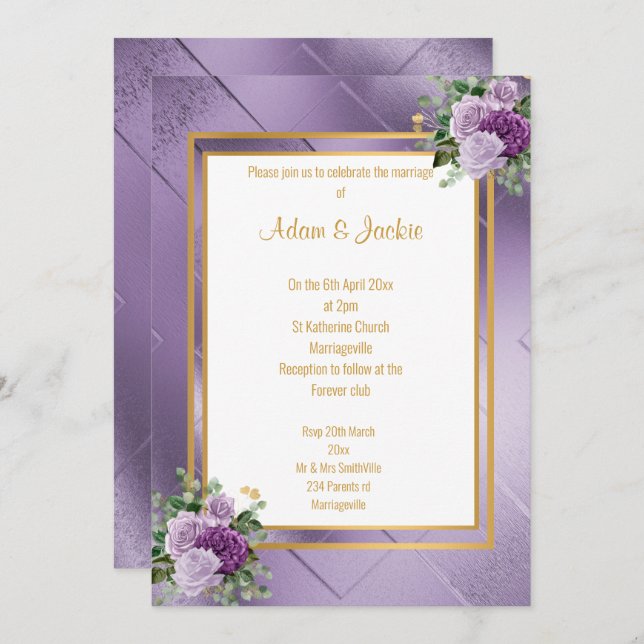 ELEGANT PURPLE METALLIC ROSE EUCALYPTUS WEDDING INVITATION (Front/Back)