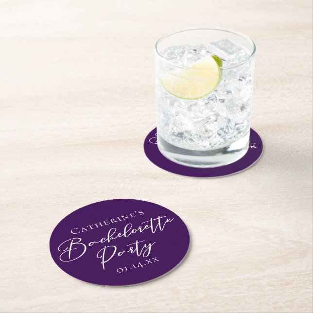 Elegant Purple Minimalist Bachelorette Party Round Paper Coaster (Insitu)