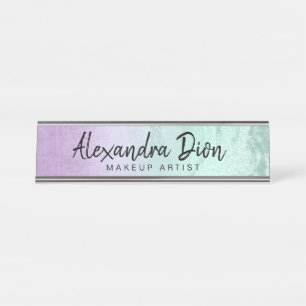Elegant purple & mint glitter marble makeup artist desk name plate
