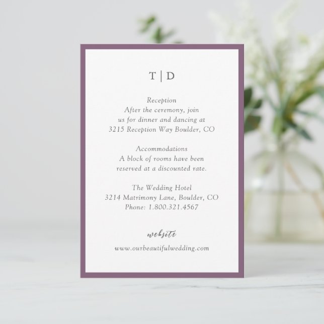 Elegant Purple Monogram Modern Wedding Enclosure Card (Standing Front)