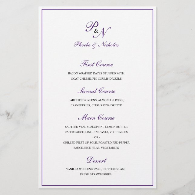 Elegant Purple Monogram Traditional Wedding Menu (Front)