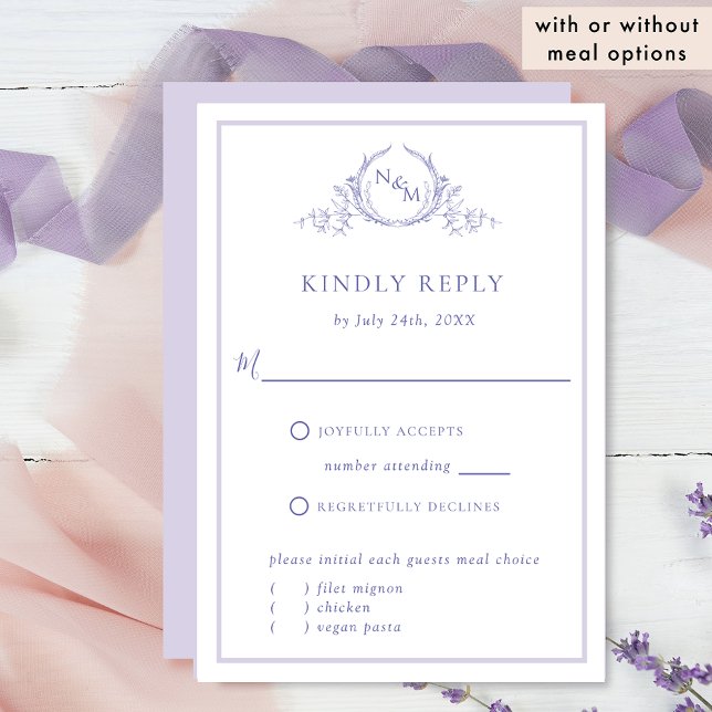 Elegant Purple Monogram With/ Without Meals RSVP Card (Creator Uploaded)
